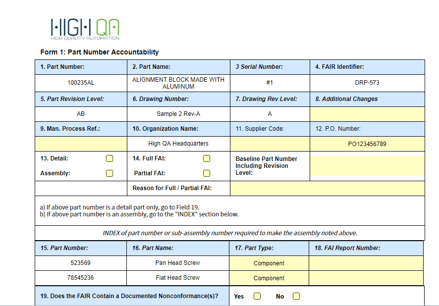 High QA support AS9102 Rev C Form 1 for FAI manufacturing quality documents